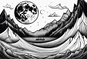 A moon that Drips at the bottom Surrounded by Mountains and waves. tattoo idea