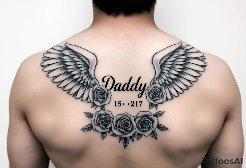 In memory of daddy angel wings and roses with dates tattoo idea