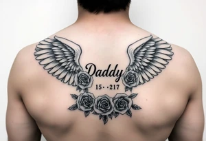 In memory of daddy angel wings and roses with dates tattoo idea