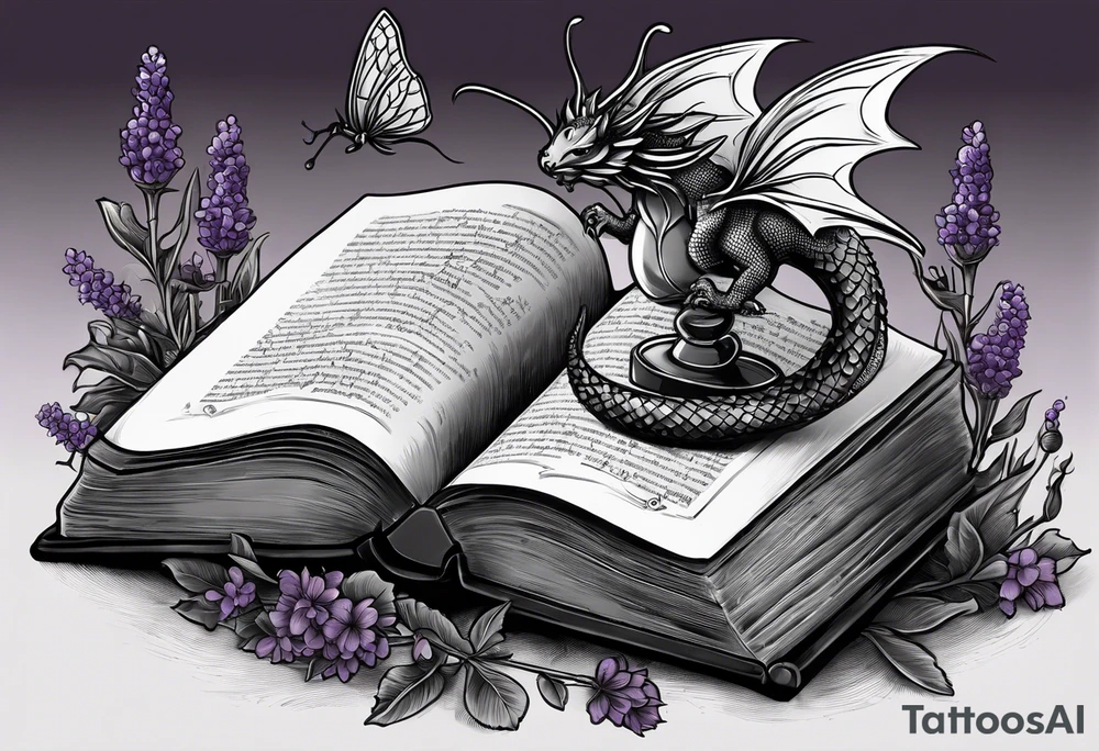 an open book. Above the book, a small dragon, flies. a pawn chess piece. Below the book, a cluster of lavender flowers, with a bumblebee tattoo idea