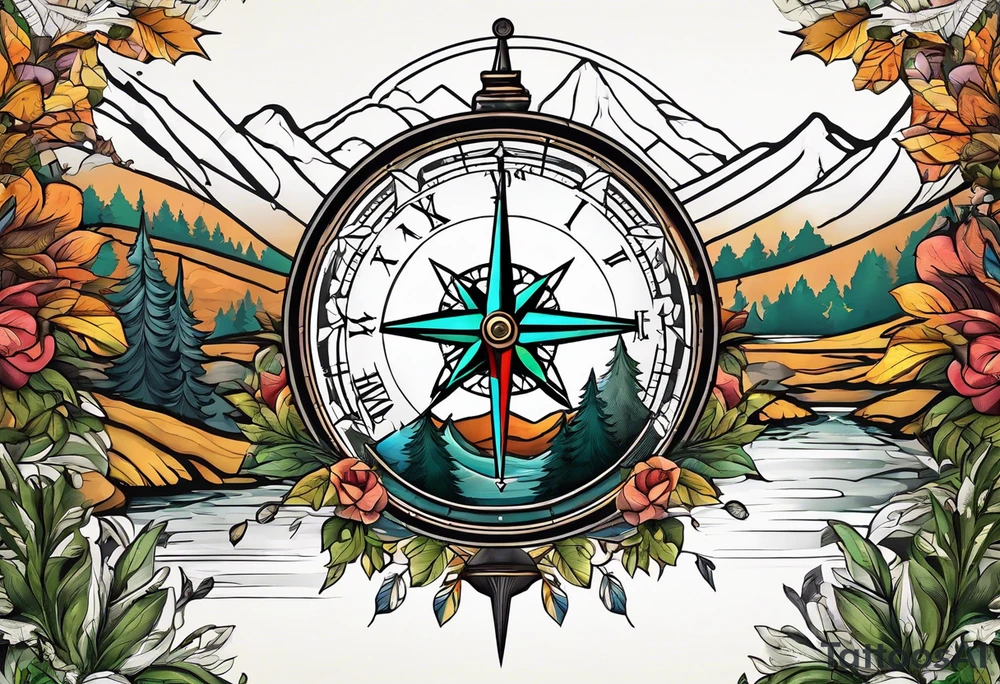 half compass half clock with arrow in the middle with mountain, trees and river tattoo idea