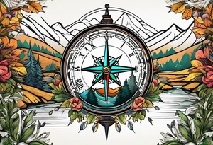 half compass half clock with arrow in the middle with mountain, trees and river tattoo idea
