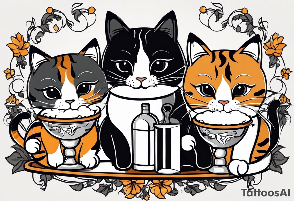 2 Coffee drinking Cats. One is black with white paws and a white tail tip. The other one is black and gray, classic tiger pattern. It should Look really french.
The cats are drinking coffee in a french bistro. They should wear barrets and there should be a baguette somewhere. tattoo idea