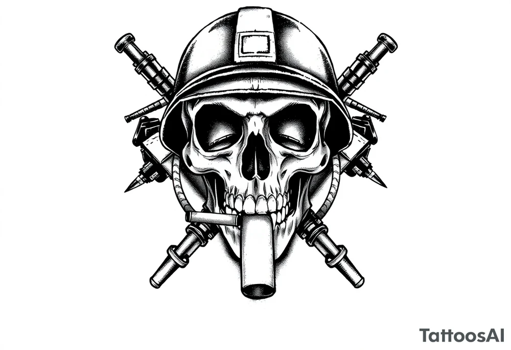 Skull wearing a soldier's helmet, crossed assault rifles behind it, cigar in mouth. tattoo idea