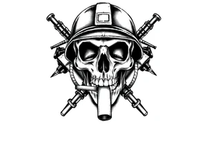 Skull wearing a soldier's helmet, crossed assault rifles behind it, cigar in mouth. tattoo idea