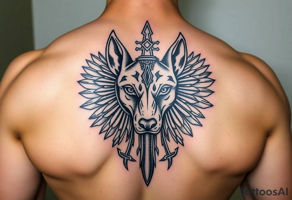 muscle Egyptian Anubis god face in Egypt style dog face surrounded Egyptian symbols tattoo idea