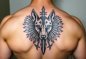muscle Egyptian Anubis god face in Egypt style dog face surrounded Egyptian symbols tattoo idea