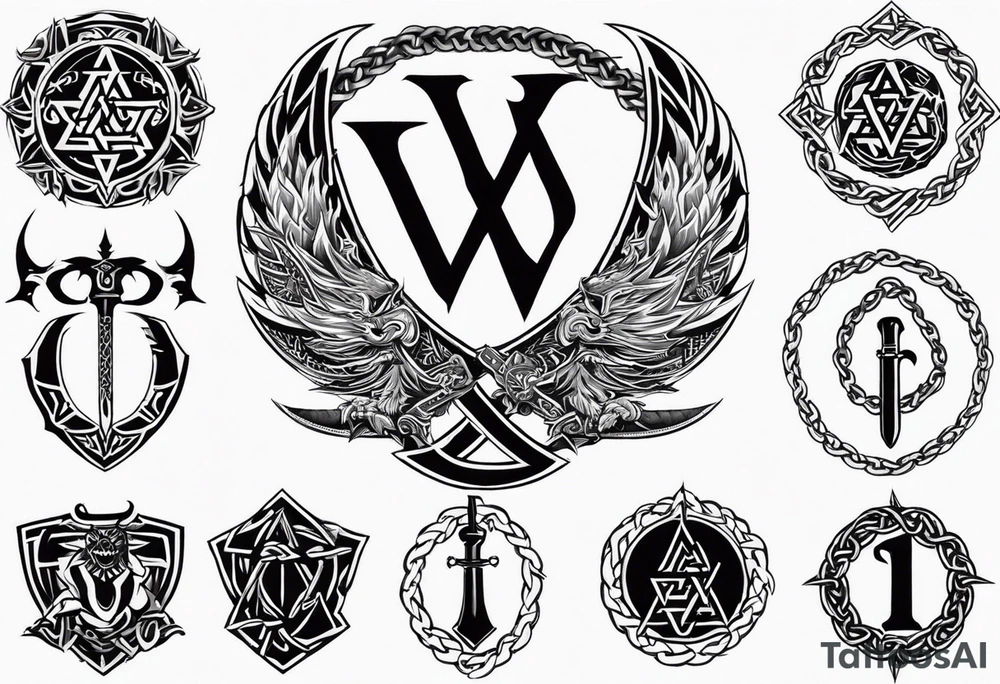 Valhalla sword shield dragon axe Valknut barbed wire chains tribal tattoo idea Valhalla sword shield dragon axe Valknut barbed wire chains tribal tattoo idea