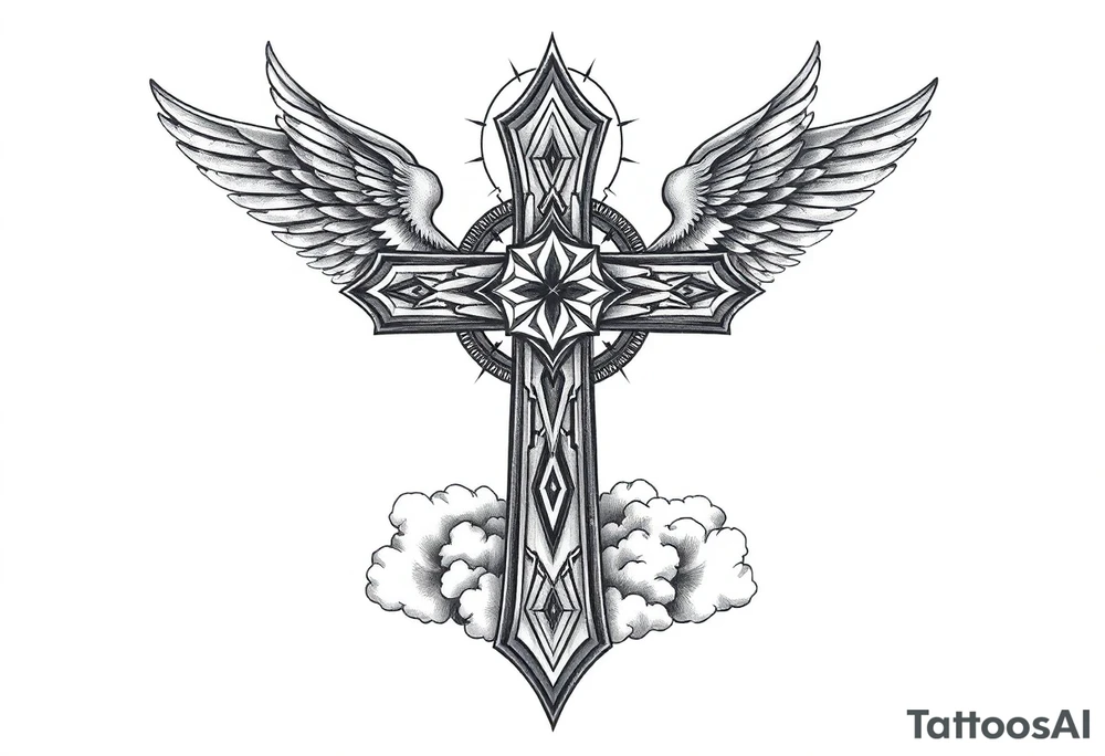 cast all your anxiety on him because he cares for you"  1 peter 5:7 with angels and clouds,cross tattoo idea