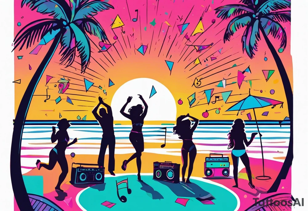 1980's miami vice style beach dance 
party, include confetti, music notes, boom box, bikinis sunset in the center tattoo idea
