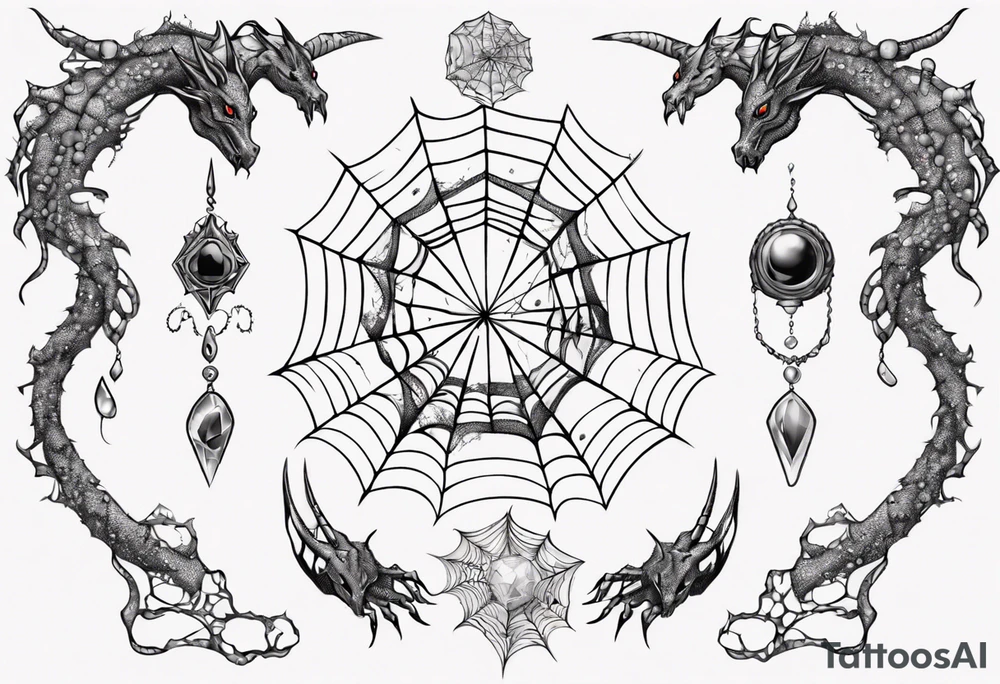 Dragon spiral spiderweb shattered chalices jewels, unicorn horn and a spider tattoo idea