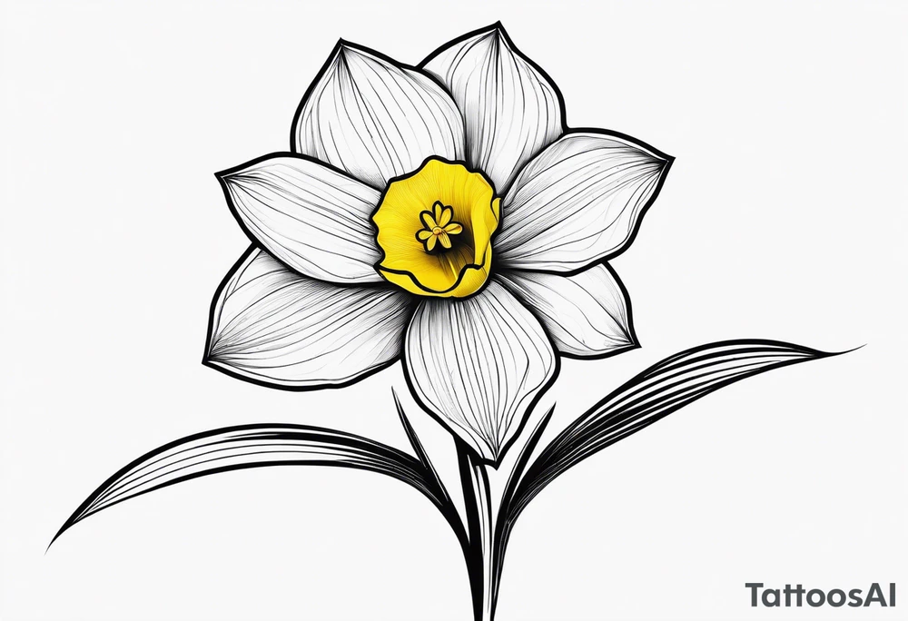 A minimalist daffodil flower. Let the daffodil flower be minimalist and have yellow lines. Let the stem of the flower extend downwards and instead of the stem write "muadil" in cursive tattoo idea