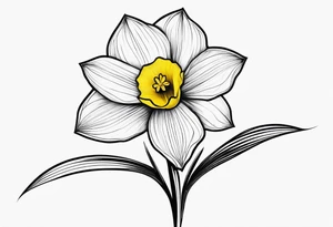 A minimalist daffodil flower. Let the daffodil flower be minimalist and have yellow lines. Let the stem of the flower extend downwards and instead of the stem write "muadil" in cursive tattoo idea