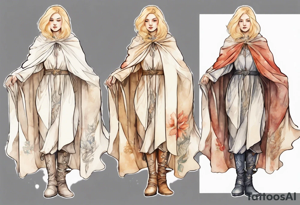 motherly blonde woman wearing white medieval cloak and boots tattoo idea