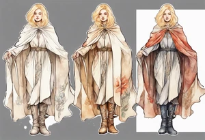 motherly blonde woman wearing white medieval cloak and boots tattoo idea