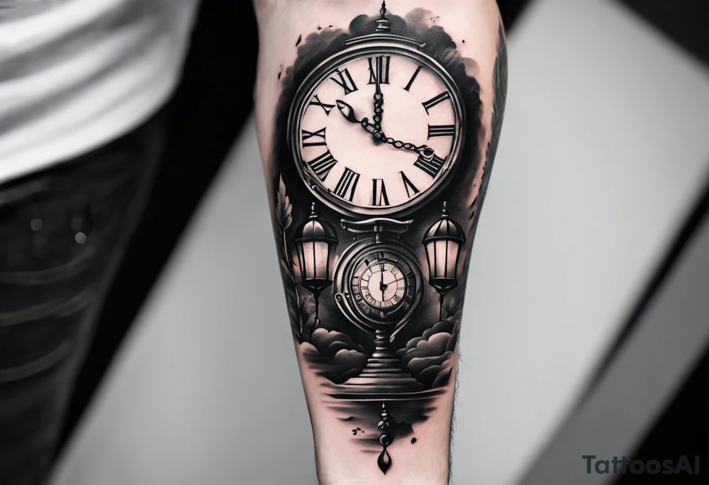 Draw me a tattoo located on the shoulder and upper arm of a man. The tattoo represents a clock and  an hourglass with Roman numerals in the background. It is a symbol of the passing of time. tattoo idea