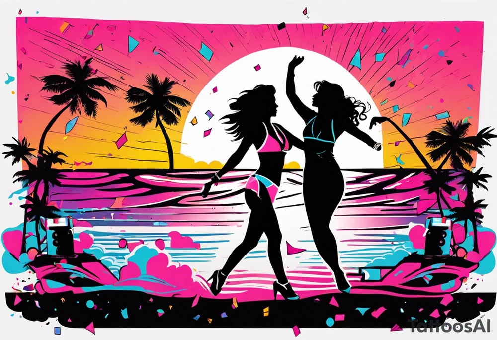 1980's miami vice style beach dance 
party, include confetti, music notes, boom box, SILHOUETTE bikinis sunset in the center tattoo idea