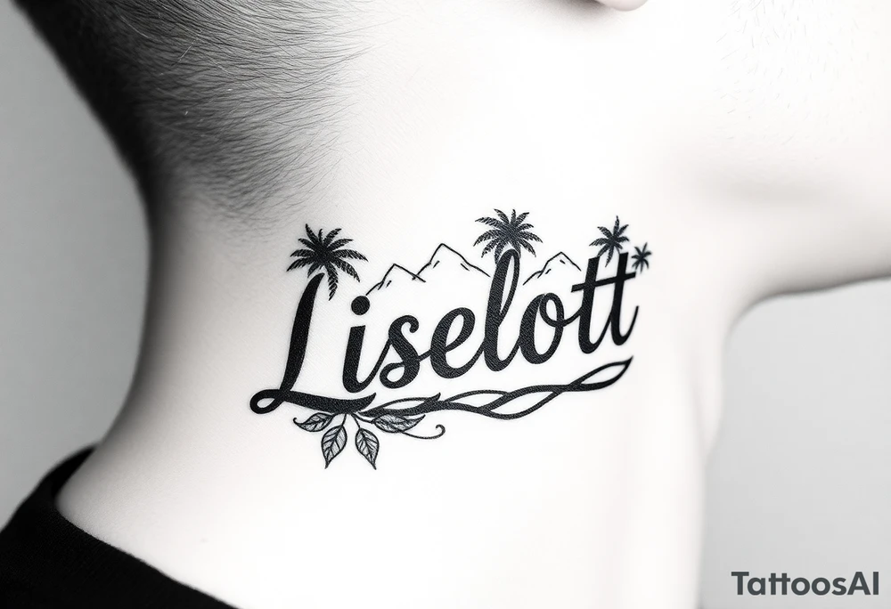 The name Liselotte surrounded by tropical scenery tattoo idea