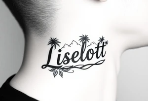 The name Liselotte surrounded by tropical scenery tattoo idea