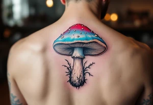 Red and Cyan 3D drawing of a mushroom tattoo idea