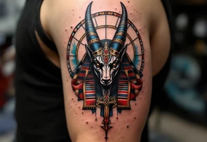 An Anubis with a Halo - Blending Egyptian mythology with Christian spirituality (only red , blue and black are possible colors) tattoo idea