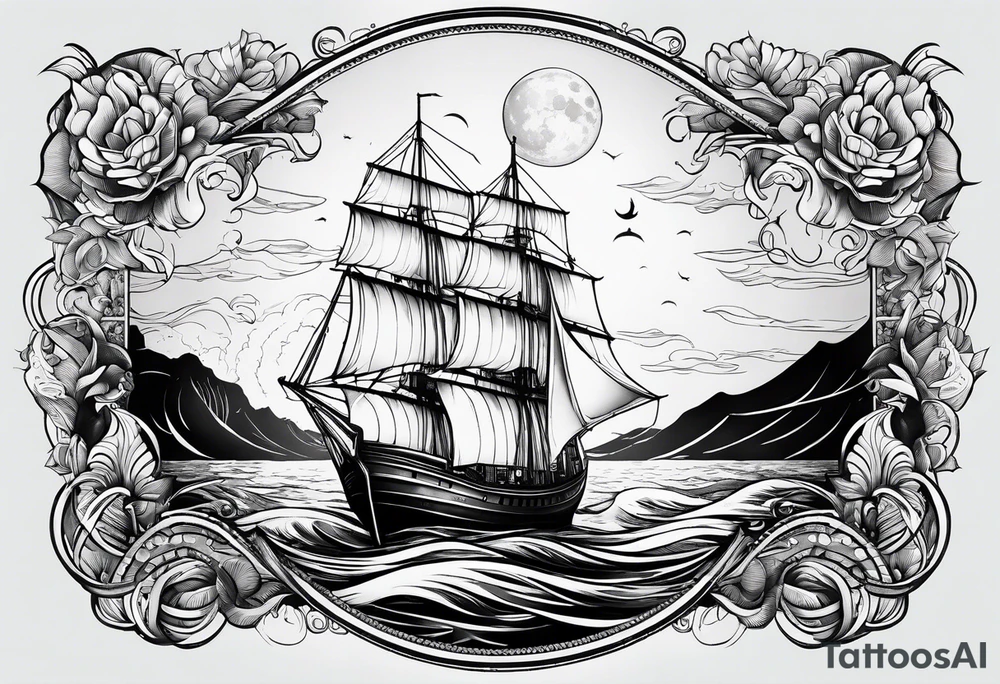 bateau, phare maritime et lune bleu tattoo idea