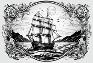 bateau, phare maritime et lune bleu tattoo idea