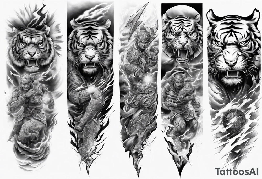 Tiger Warrior sleeve tattoo with lightning and the sun
Forearm sleeve tattoo idea