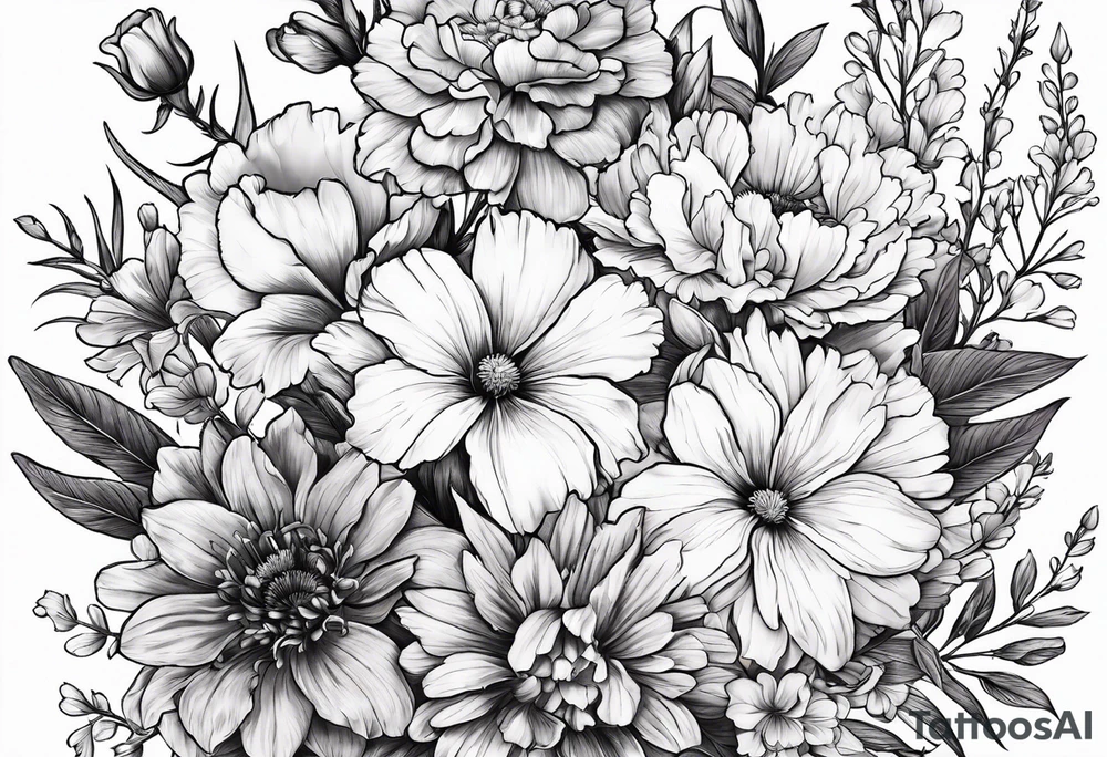 Floral bouquet with a larkspur, carnation, violet and daisy tattoo idea
