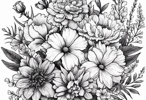 Floral bouquet with a larkspur, carnation, violet and daisy tattoo idea