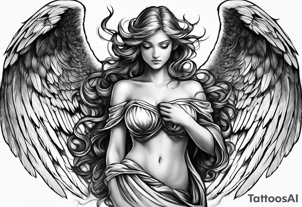 angel with low wings tattoo idea
