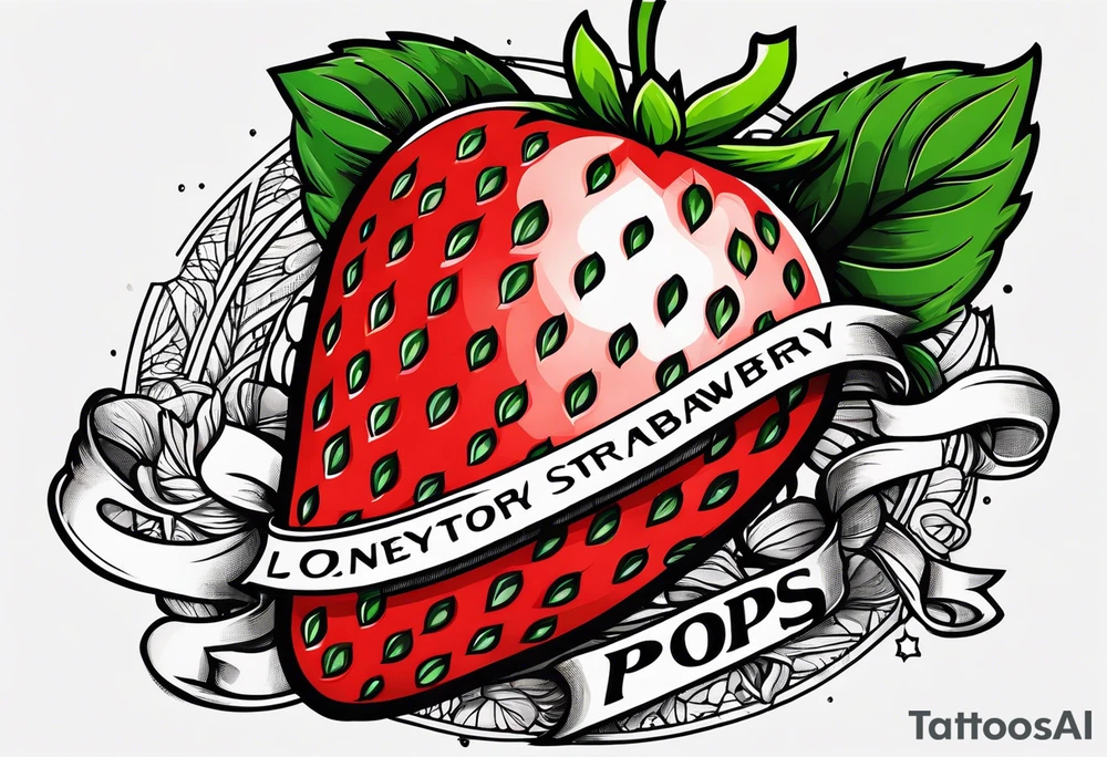 lonely strawberry wrapped in banner saying Pops tattoo idea