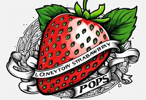 lonely strawberry wrapped in banner saying Pops tattoo idea