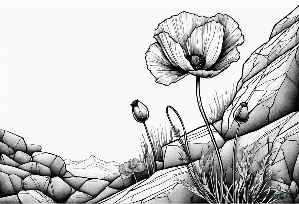 Poppy plant breaking through rock ground tattoo idea