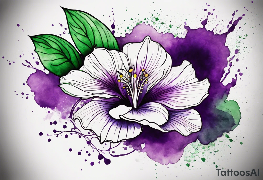 A mystical outline of a green and purple rio dipladenia flower and a green and purple watercolor splash in the background tattoo idea