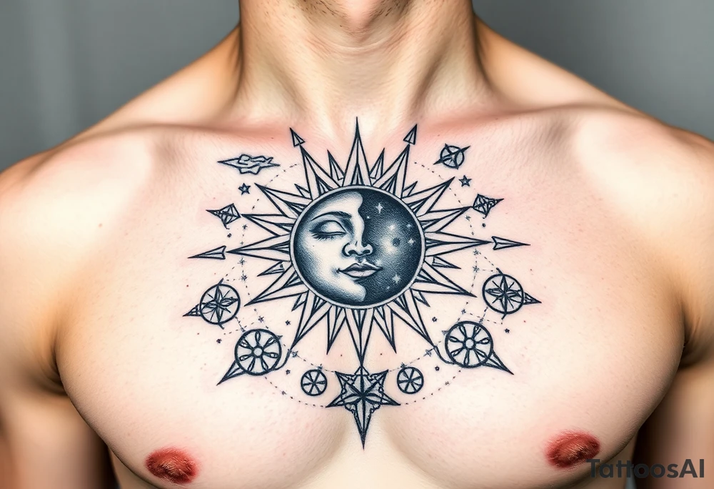 celestial sun and moon embrace with constellation patterns tattoo idea celestial sun and moon embrace with constellation patterns tattoo idea