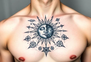 celestial sun and moon embrace with constellation patterns tattoo idea