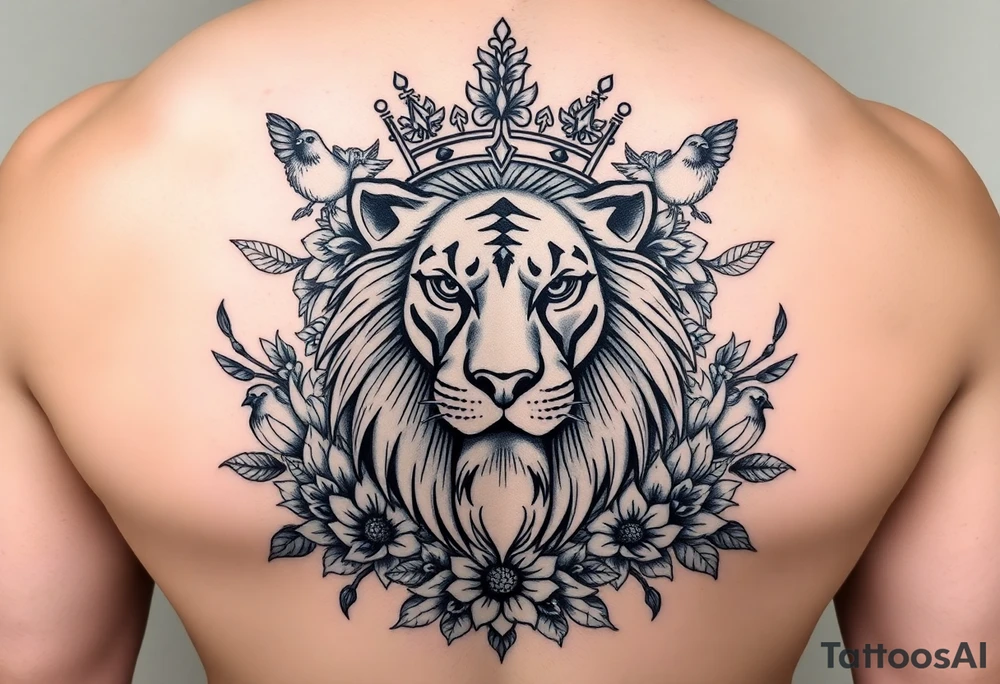 powerful majestic lion with a crown, surrounded by floral ornaments and birds tattoo idea