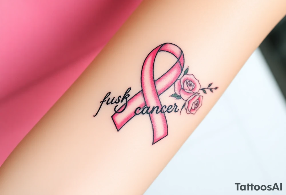Pretty pink Cancer ribbon that says "fuck cancer"with light pink roses tattoo idea
