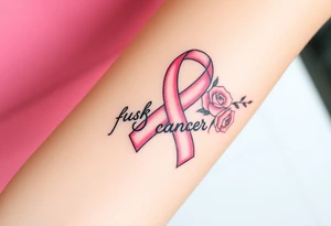 Pretty pink Cancer ribbon that says "fuck cancer"with light pink roses tattoo idea