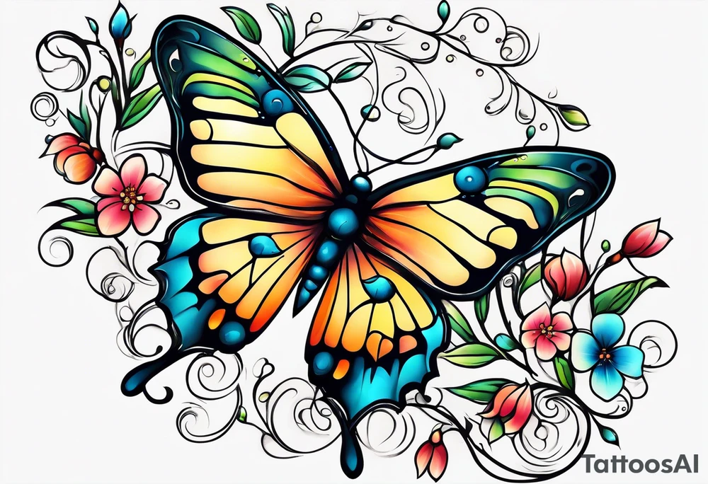 Winding branches and leaves and tiny flowers with a small moth and bubbles tattoo idea