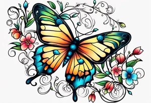 Winding branches and leaves and tiny flowers with a small moth and bubbles tattoo idea