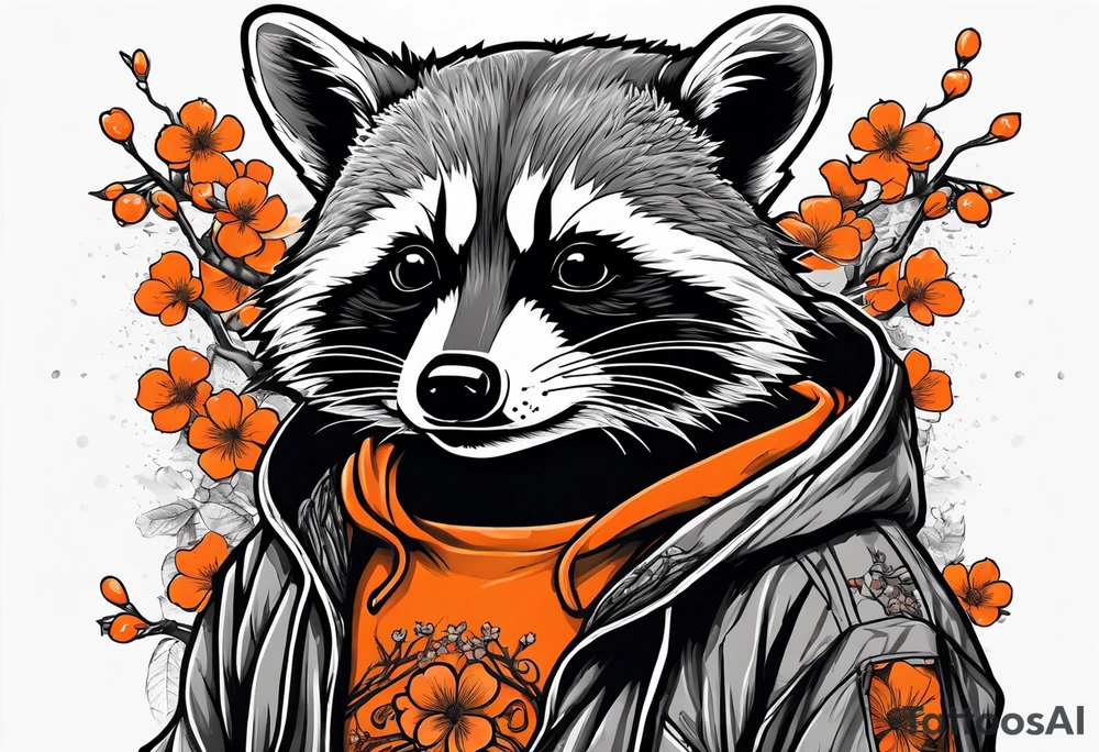 raccoon wearing a black and white Superman hoodie with orange Japanese cherry blossoms tattoo idea