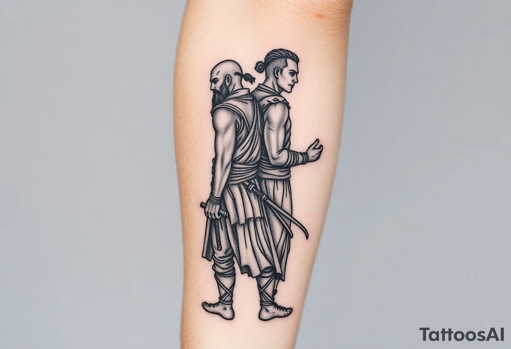 Warrior and Peaceful man standing back to back tattoo idea Warrior and Peaceful man standing back to back tattoo idea