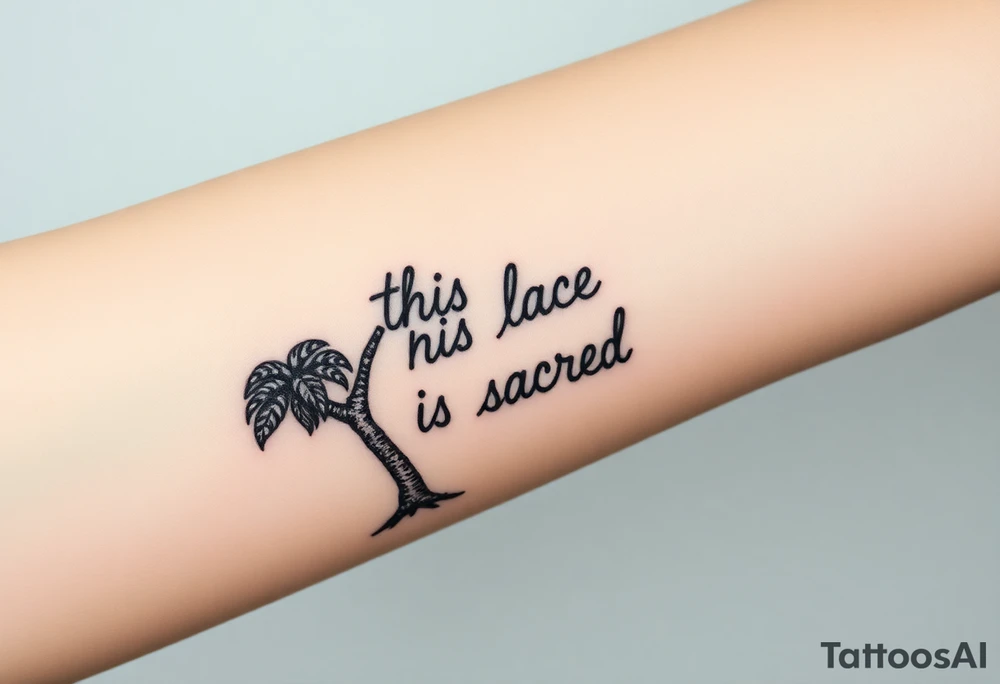 Hand written writing that says this place is sacred on the trunk of a small breadfruit tree tattoo idea