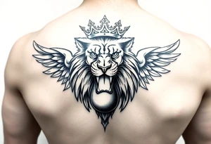 powerful majestic lion with a crown, surrounded by a big penis with wings tattoo idea