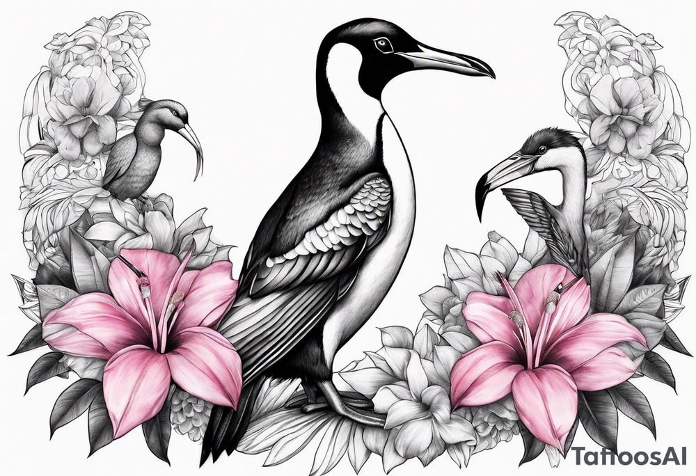Penguin standing with pink flamingo and hummingbird tattoo idea