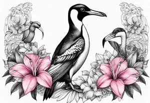 Penguin standing with pink flamingo and hummingbird tattoo idea