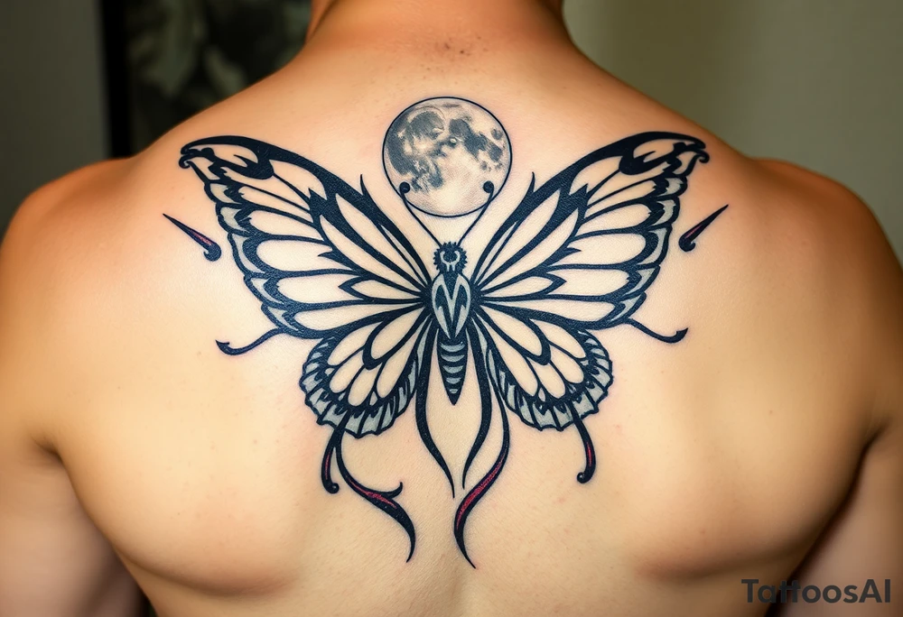 ethereal butterfly with flowing silk ribbons in moonlight tattoo idea