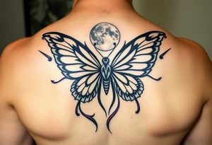 ethereal butterfly with flowing silk ribbons in moonlight tattoo idea